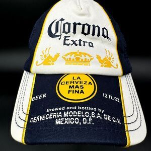 RARE Corona Extra Bill Print Mesh Trucker Hat Blue White Yellow Mexican Beer Cap